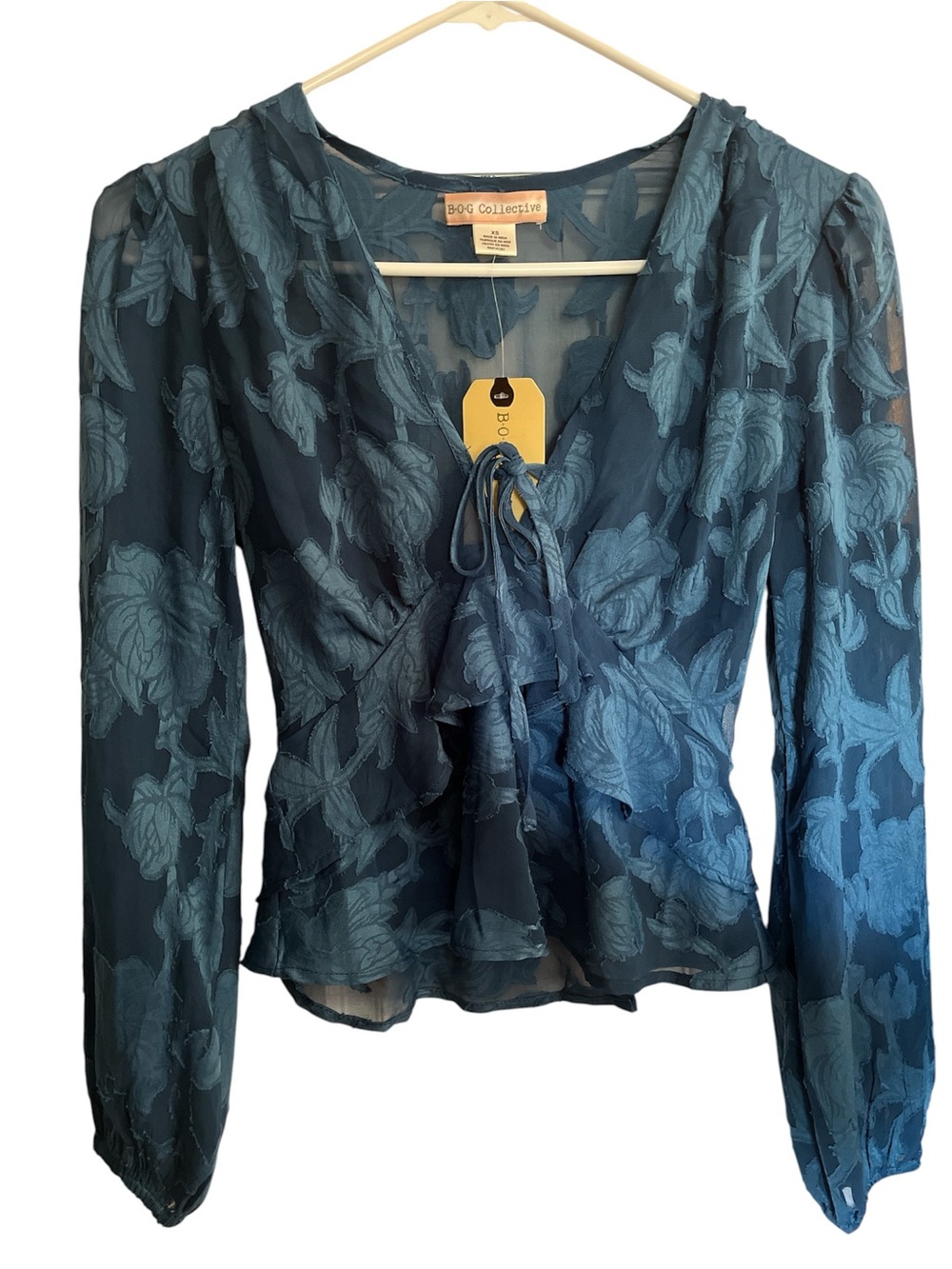 B.O.G Collective Teal Floral Tie-Neck Long Sleeve Blouse -Ruffle Hem Size XS